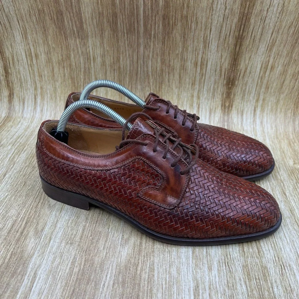 Johnston & Murphy Domani Oxford Men's 9 M Brown Woven Leather Made in Italy 6300